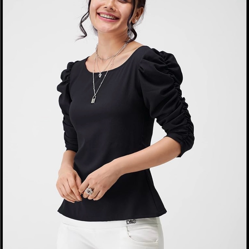 New York & Company Size M Woman Black Ruched Sleeve Top